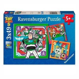 Ravensburger Toy Story jigsaw puzzle box for ages 5+, featuring Buzz Lightyear and Woody with colorful character cards, blue packaging and 'Ravensburger Puzzle' branding.