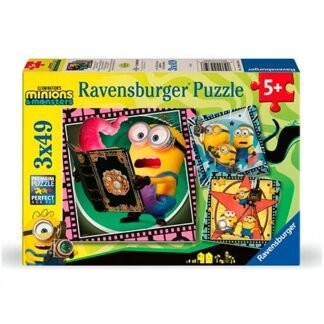 Ravensburger Minions & Monsters puzzle box for ages 5+, 3x49 pieces, featuring colorful cartoon characters on the cover