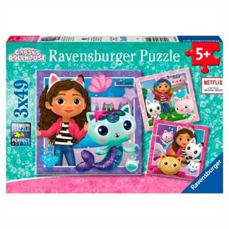 Puzzle box for Gabby's Dollhouse by Ravensburger, 3x49 pieces, showing Gabby with a teal dragon and pink butterfly; age 5+; Netflix logo hint on box.