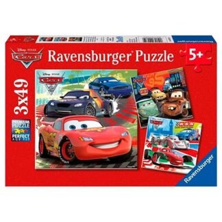 Ravensburger Cars puzzle box for ages 5+, showing Lightning McQueen and friends with several completed images on the cover.