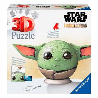 Front of a Ravensburger Star Wars Mandalorian 3D Puzzle box showing a large Grogu (Baby Yoda) head model with '3D Puzzle' text on the box and Star Wars branding.
