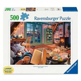 Box for a 500-piece Ravensburger puzzle showing a cozy living room scene with a fireplace, bookshelves, and a table with candles and a book.