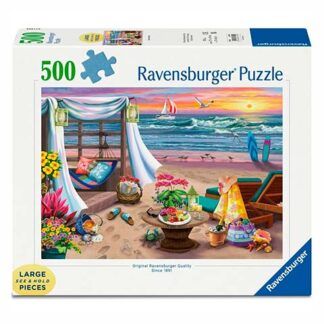 Ravensburger 500-piece puzzle box featuring a beach scene with a tent, flowers, and a sunset over the sea.