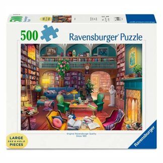 Ravensburger 500-piece puzzle box showing a cozy library/parlor scene with bookshelves, seating, and a lit fireplace.