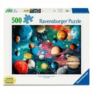 Space-themed Ravensburger puzzle box, 500 pieces, featuring a colorful planetary collage artwork on the front.