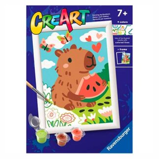 Product cover for CrArt painting-by-numbers kit (age 7+), showing a framed cartoon brown animal holding a watermelon in a bright garden, with paints and brush at the bottom and the Ravensburger logo.
