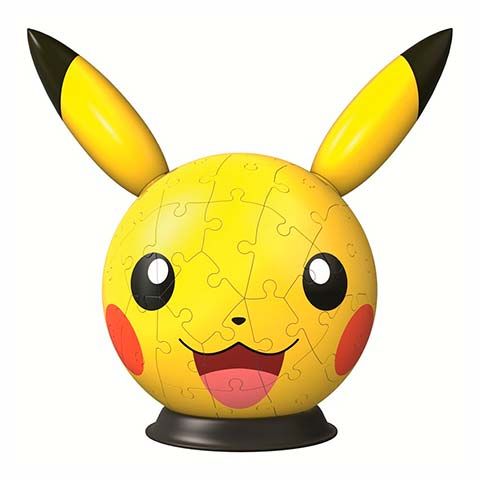 Yellow Pikachu-inspired puzzle ball with ears and a smiling face on a black pedestal.